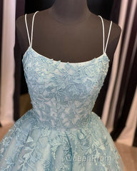 A Line Backless Lace Long Sky Blue Evening Prom Dresses, Backless Sky Blue Lace Formal Dresses, Sky Blue Evening Dresses
