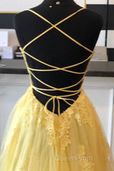 A Line Backless Yellow Lace Floral Long Evening Prom Dresses with High Slit, Open Back Yellow Lace Formal Dresses, Yellow Lace Evening Dresses