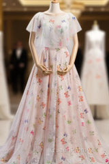 A-Line Ball Gown Pink Print Backless Wedding Dresses