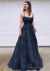 A-line Bateau Court Train Lace Prom Dresses With Appliqued