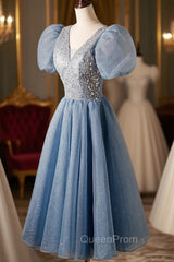 A-Line Beaded Short Evening Prom Dresses, Cute Short Sleeve Homecoming Party Dresses