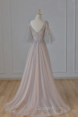 A-Line Beaded V-Neckline Tulle Formal Dresses, Puffy Sleeves Long Evening Prom Dresses