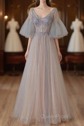 A-Line Beaded V-Neckline Tulle Formal Dresses, Puffy Sleeves Long Evening Prom Dresses