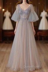 A-Line Beaded V-Neckline Tulle Formal Dresses, Puffy Sleeves Long Evening Prom Dresses