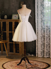 A-Line Beige Tulle Short Evening Prom Dresses, Beige Cute Homecoming Dresses