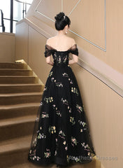 A-line Black Floral Tulle Floor Length Prom Dress, Off the Shoulder Evening Party Dress