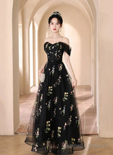 A-line Black Floral Tulle Floor Length Prom Dress, Off the Shoulder Evening Party Dress