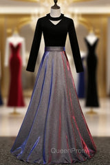 A-Line Black Long Sleeve Velvet Evening Prom Dresses