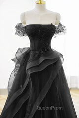 A-Line Black Off Shoulder Tulle With Lace Party Dresses, Black Tulle Evening Prom Dresses