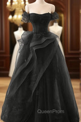 A-Line Black Off Shoulder Tulle With Lace Party Dresses, Black Tulle Evening Prom Dresses