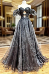 A-Line Black Organza Long Evening Prom Dresses