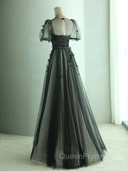 A-Line Black Puff Sleeves Tulle Long Evening Prom Dresses, Black Evening Dresses
