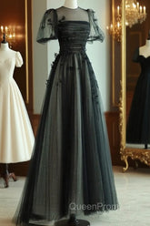 A-Line Black Puff Sleeves Tulle Long Evening Prom Dresses, Black Evening Dresses
