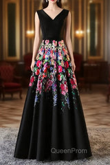 A-line Black Satin Print Evening Prom Dresses