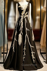 A-Line Black Satin See Through V-neck Appliques Evening Prom Dresses