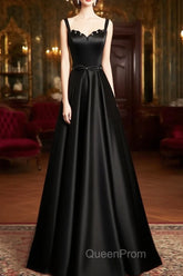 A-line Black Satin Straps Long Evening Dresses, Black Simple Evening Prom Dresses