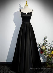 A-line Black Satin Straps Long Formal Dress, Black Simple Prom Dress
