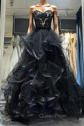 A-line Black Sweetheart Tulle Layers Long Party Dresses, Black Tulle Evening Prom Dresses