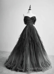 A-Line Black Tulle Ballgown Long Party Dresses Beadings Evening Dresses Evening Prom Dresses