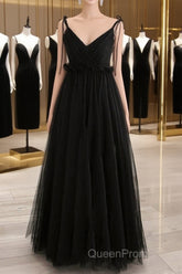 A-Line Black Tulle Long Evening Prom Dresses, Black Formal Evening Dresses
