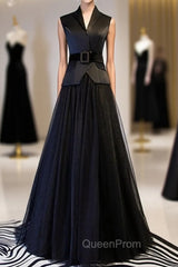 A-Line Black Tulle Satin V-neck Evening Prom Dresses With Sash