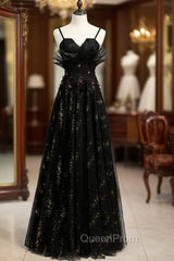 A-Line Black Tulle Sequins Spaghetti Straps Evening Prom Dresses