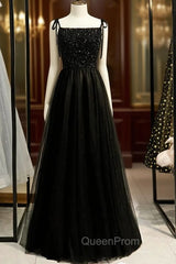 A-Line Black Tulle Spaghetti Straps Tulle Beading Evening Prom Dresses
