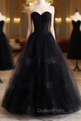 A-Line Black Tulle Sweetheart Evening Prom Dresses