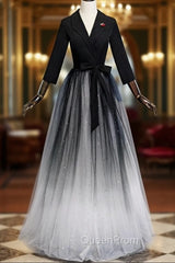 A-Line Black Tulle V-neck Long Sleeve Evening Prom Dresses