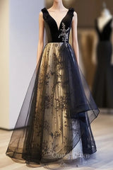A-Line Black Tulle Velvet Sequins Evening Prom Dresses