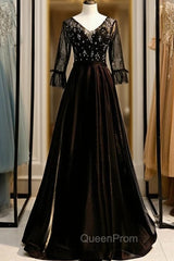 A-Line Black V-neck 3/4 Sleeve Crystal Evening Prom Dresses