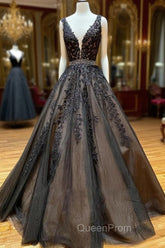 A Line Black V Neck Lace Long Evening Prom Dresses