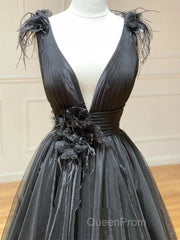 A Line Black V Neck Tulle Long Evening Prom Dresses
