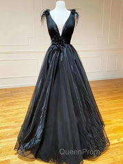 A Line Black V Neck Tulle Long Evening Prom Dresses