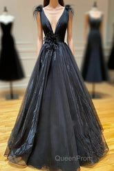 A Line Black V Neck Tulle Long Evening Prom Dresses