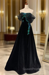 A-line Black Velvet and Tulle Off Shoulder Party Dresses, Black Long Evening Prom Dresses