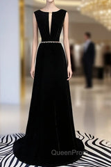 A-Line Black Velvet Backless Evening Prom Dresses With Beading