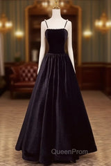 A-Line Black Velvet Floor-Length Evening Prom Dresses, Pearls Spaghetti Straps Long Party Dresses