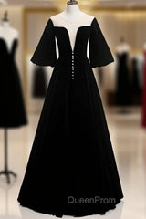A-Line Black Velvet Horn Sleeve See Through Evening Prom Dresses