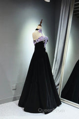 A-Line Black Velvet Long Party Dresses With Lace Applique, Black Velvet Evening Prom Dresses