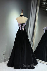 A-Line Black Velvet Long Party Dresses With Lace Applique, Black Velvet Evening Prom Dresses