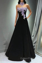 A-Line Black Velvet Long Party Dresses With Lace Applique, Black Velvet Evening Prom Dresses