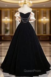 A-Line Black Velvet Long Evening Prom Dresses, Black Long Evening Dresses