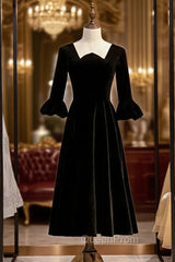 A-Line Black Velvet Square Short Litter Evening Prom Dresses
