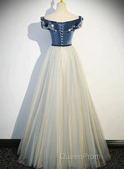 A-Line Blue-Grey Off Shoulder Long Party Dresses, Tulle And Velevet Long Evening Prom Dresses