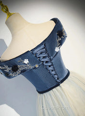 A-Line Blue-Grey Off Shoulder Long Party Dresses, Tulle And Velevet Long Evening Prom Dresses