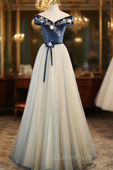 A-Line Blue-Grey Off Shoulder Long Party Dresses, Tulle And Velevet Long Evening Prom Dresses