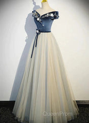 A-Line Blue-Grey Sequins Off Shoulder Long Party Dresses Velevet Long Evening Prom Dresses