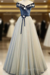 A-Line Blue-Grey Sequins Off Shoulder Long Party Dresses Velevet Long Evening Prom Dresses