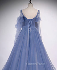 A line Blue Long Evening Prom Dresses, Blue Evening Graduation Dresses with Beading